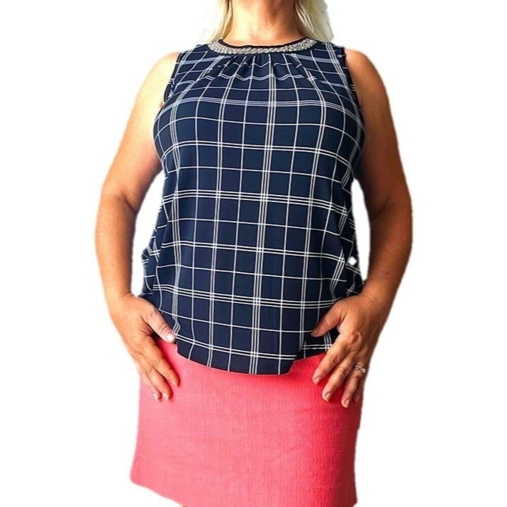 Knapp Studio Sleeveless Plaid Top with Embellished Neckline – Size M